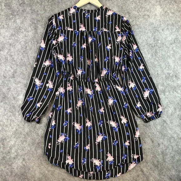 Maison Jules Dress S Striped Floral Black Shirtdress Above Knee Long Sleeve - Picture 11 of 12